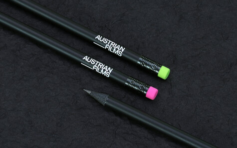 black matt lacquered pencils with pink and green eraser, white imprint