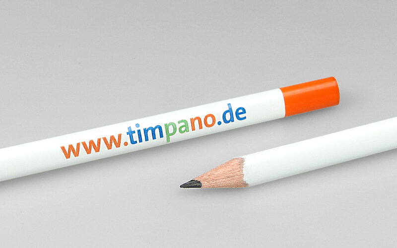 triangular, white lacquered pencil with lacquered cap and multicolored print